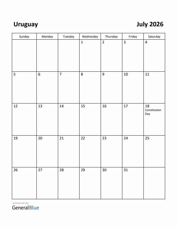 July 2026 Calendar with Uruguay Holidays