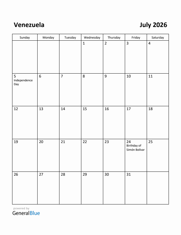 July 2026 Calendar with Venezuela Holidays