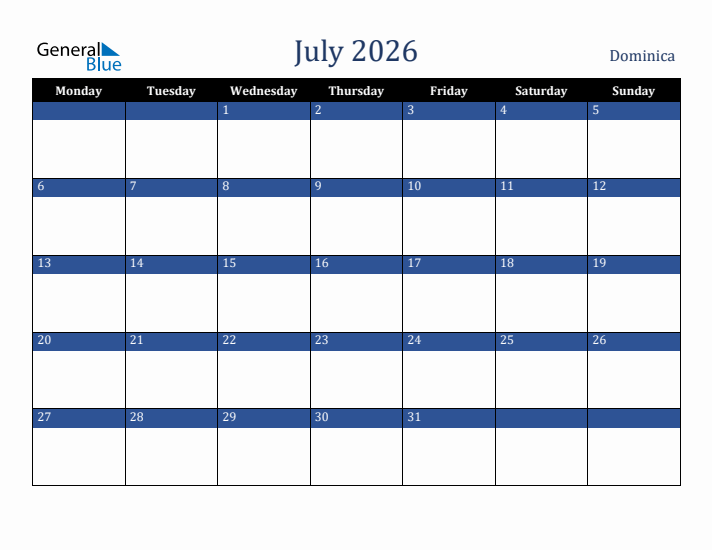 July 2026 Dominica Calendar (Monday Start)