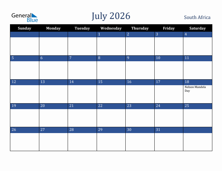 July 2026 South Africa Calendar (Sunday Start)