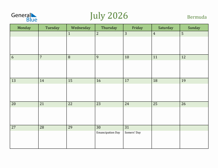 July 2026 Calendar with Bermuda Holidays