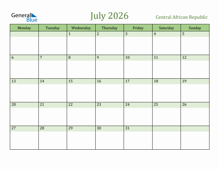 July 2026 Calendar with Central African Republic Holidays