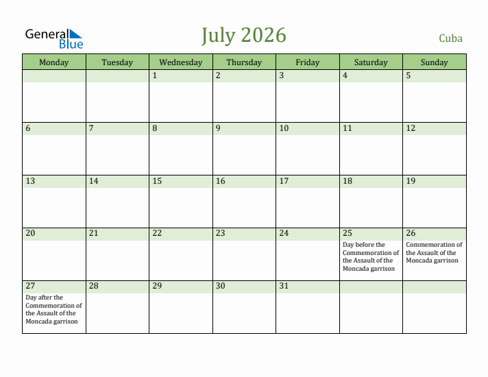 July 2026 Calendar with Cuba Holidays