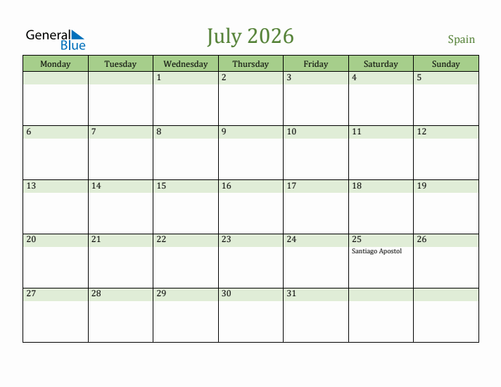 July 2026 Calendar with Spain Holidays