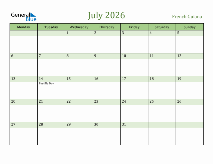 July 2026 Calendar with French Guiana Holidays