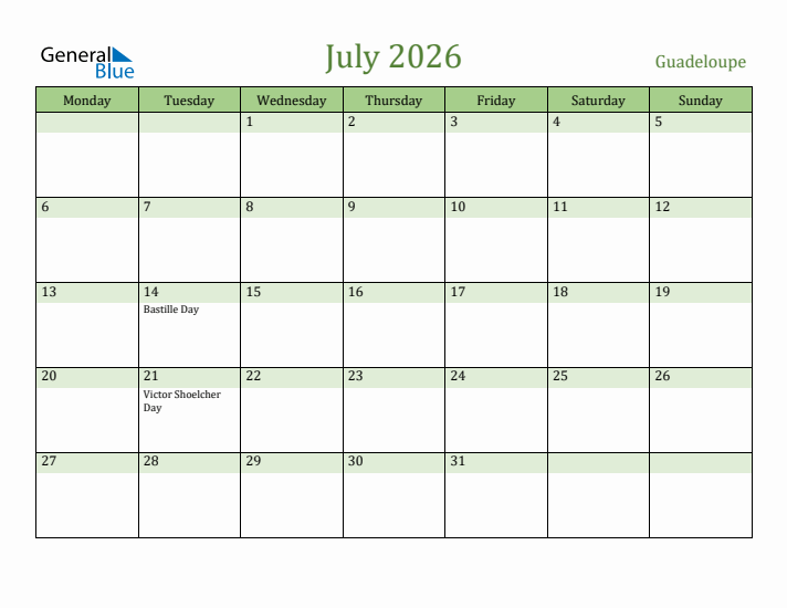 July 2026 Calendar with Guadeloupe Holidays