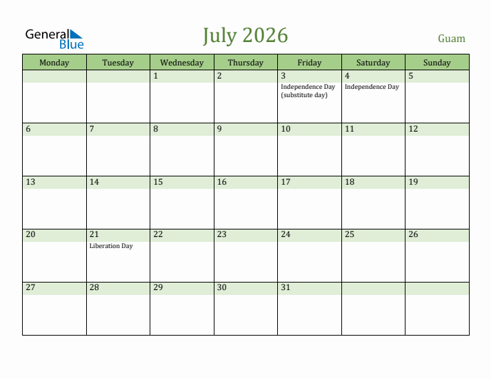 July 2026 Calendar with Guam Holidays