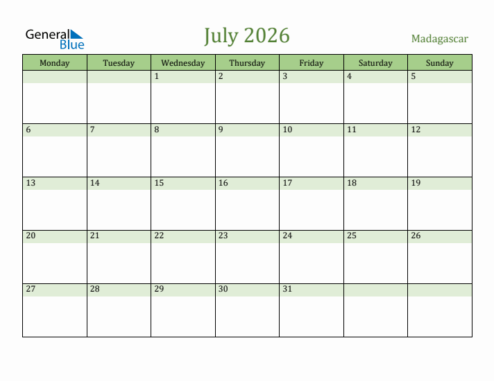 July 2026 Calendar with Madagascar Holidays