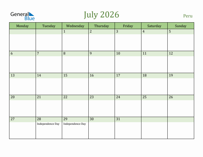 July 2026 Calendar with Peru Holidays