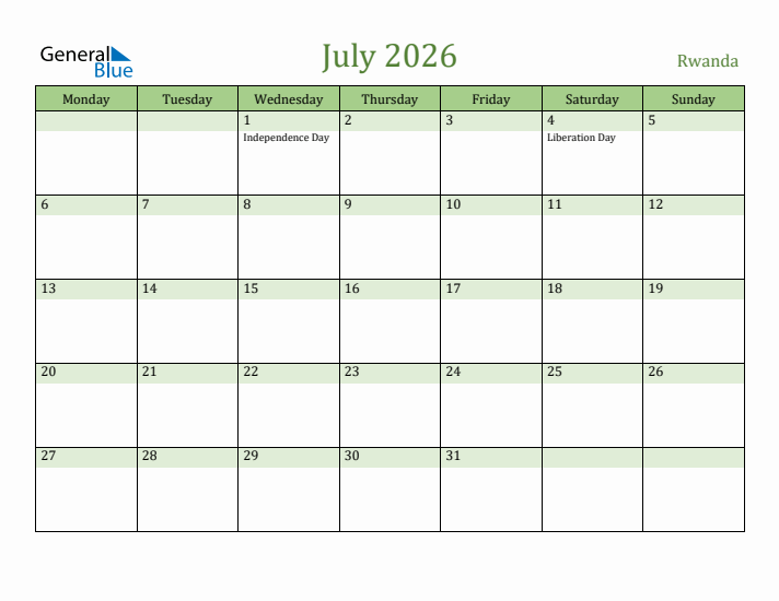 July 2026 Calendar with Rwanda Holidays