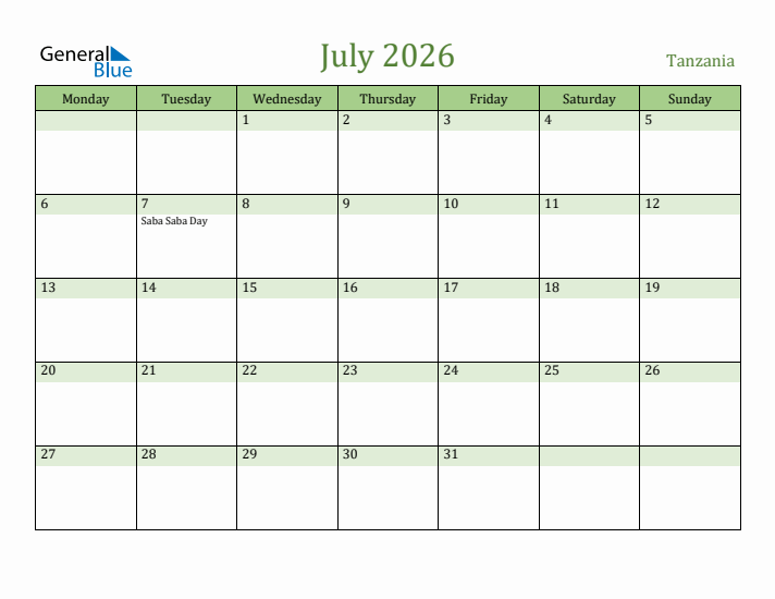 July 2026 Calendar with Tanzania Holidays