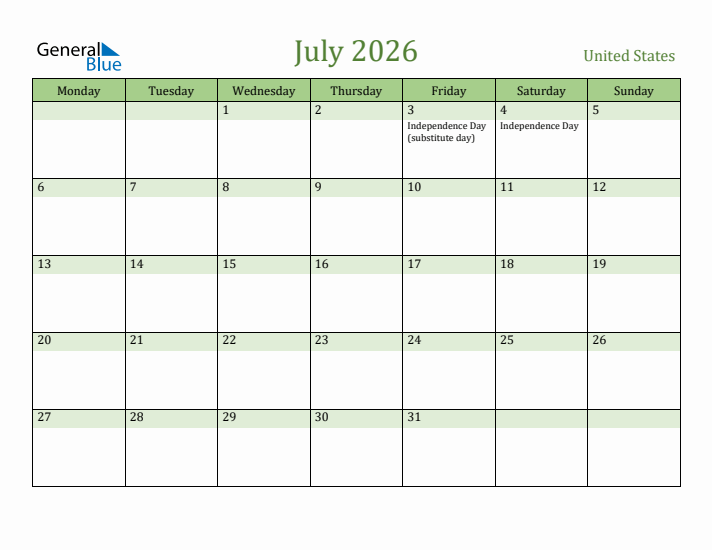 July 2026 Calendar with United States Holidays