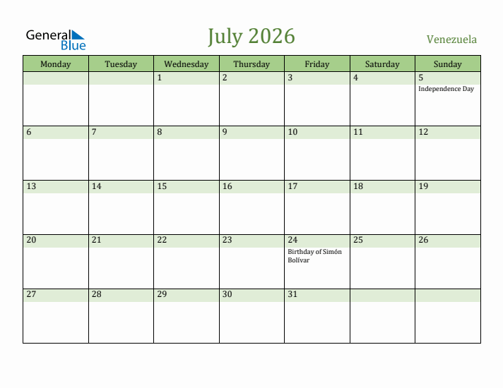 July 2026 Calendar with Venezuela Holidays