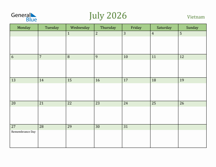 July 2026 Calendar with Vietnam Holidays