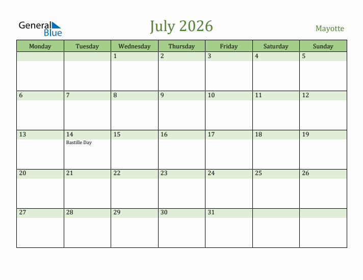 July 2026 Calendar with Mayotte Holidays