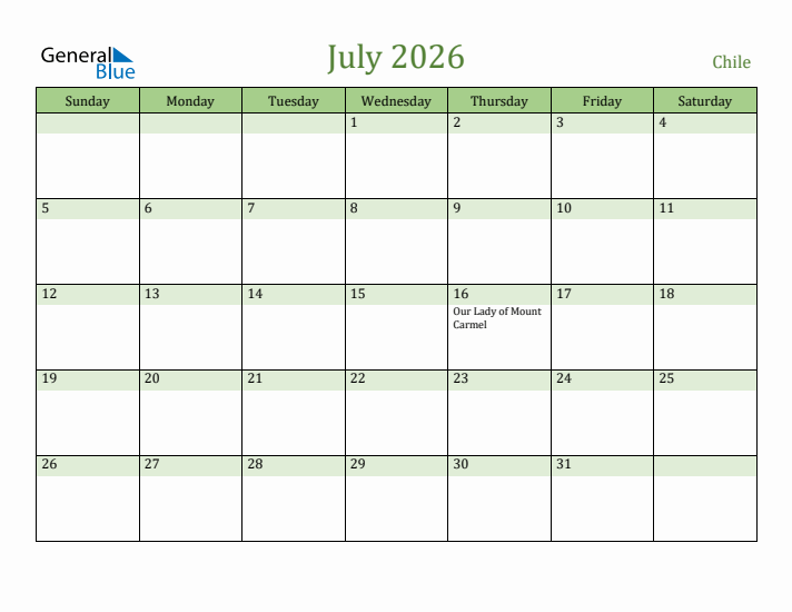 July 2026 Calendar with Chile Holidays