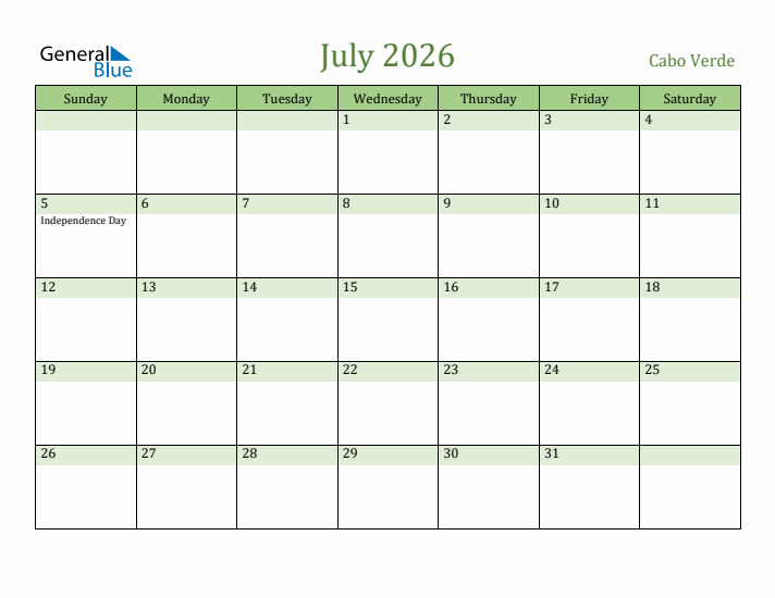 July 2026 Calendar with Cabo Verde Holidays