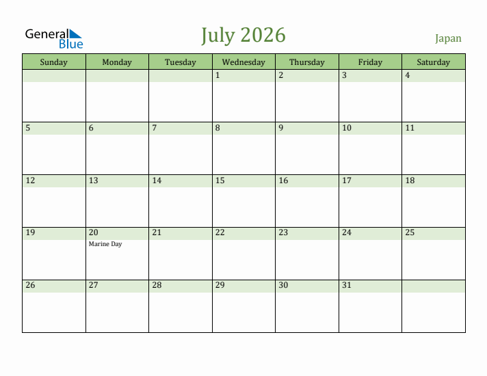 July 2026 Calendar with Japan Holidays