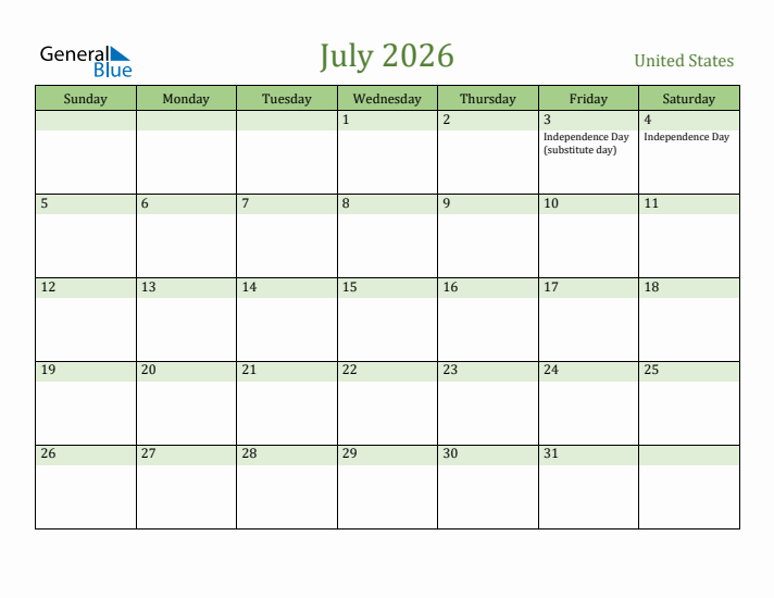 July 2026 Calendar with United States Holidays