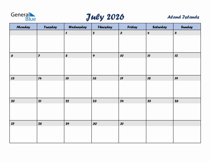 July 2026 Calendar with Holidays in Aland Islands