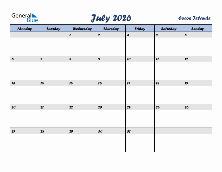 July 2026 Calendar with Holidays in Cocos Islands