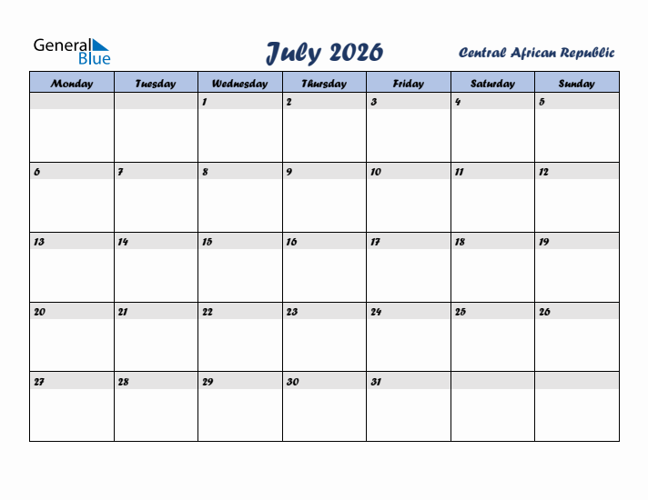 July 2026 Calendar with Holidays in Central African Republic