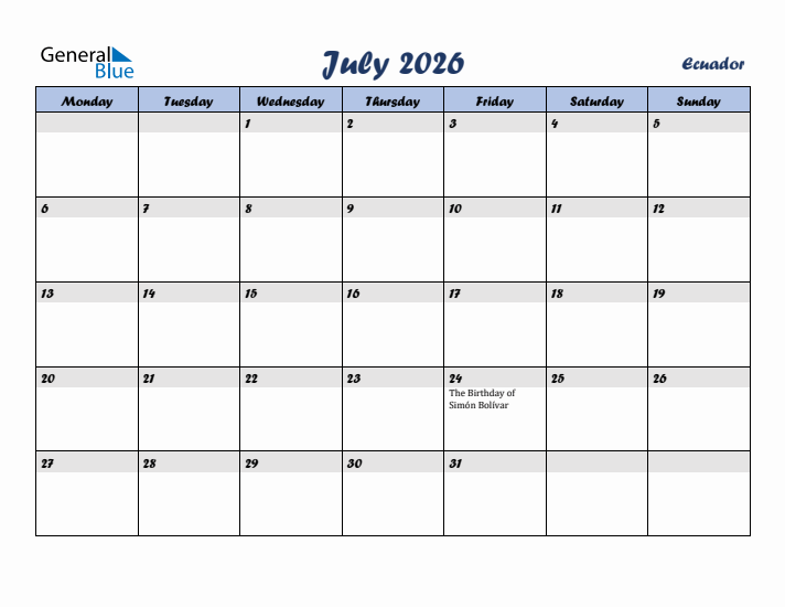 July 2026 Calendar with Holidays in Ecuador