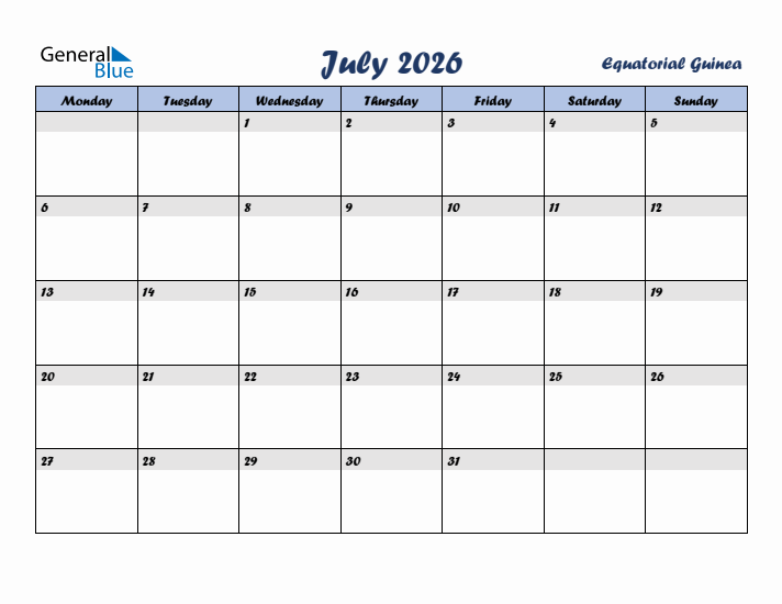 July 2026 Calendar with Holidays in Equatorial Guinea