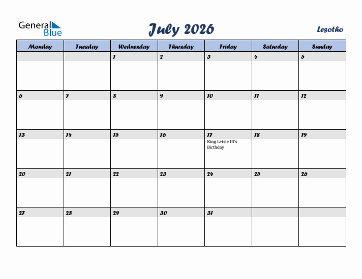 July 2026 Calendar with Holidays in Lesotho