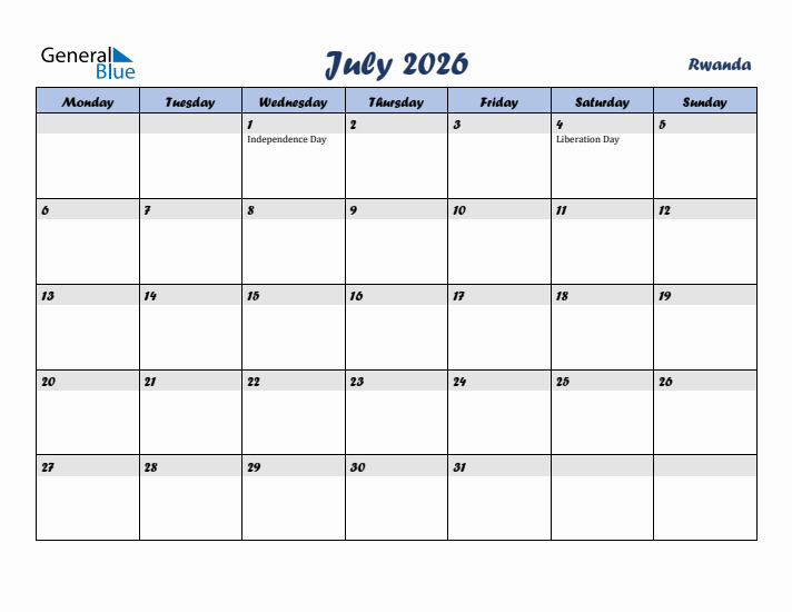 July 2026 Calendar with Holidays in Rwanda