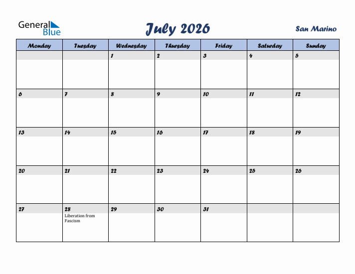 July 2026 Calendar with Holidays in San Marino