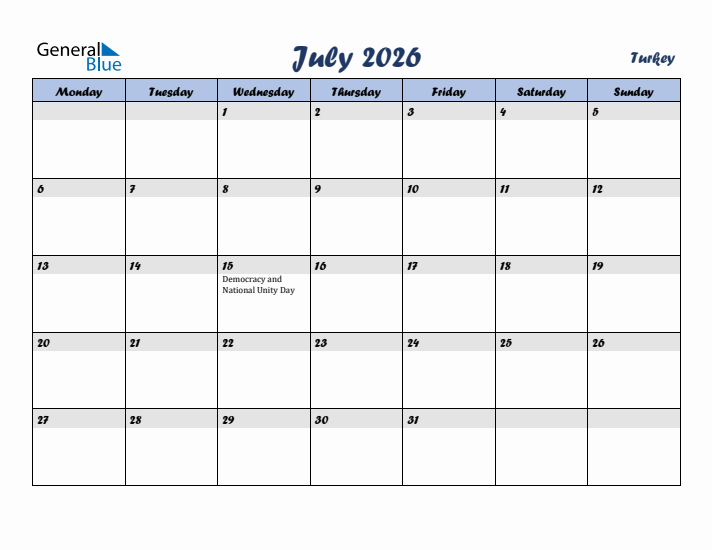 July 2026 Calendar with Holidays in Turkey