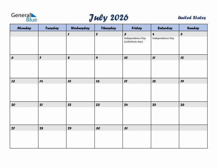 July 2026 Calendar with Holidays in United States