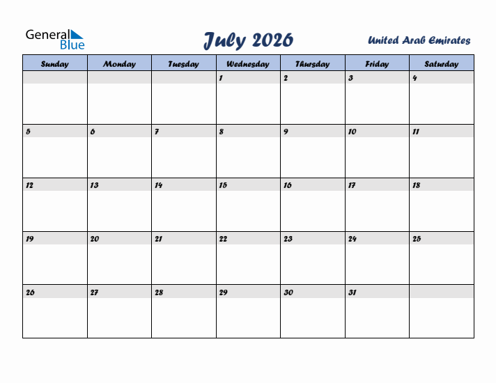 July 2026 Calendar with Holidays in United Arab Emirates