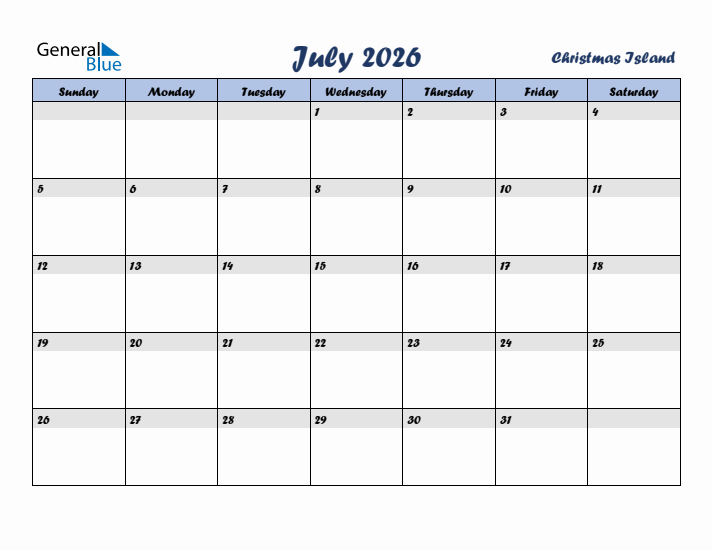 July 2026 Calendar with Holidays in Christmas Island