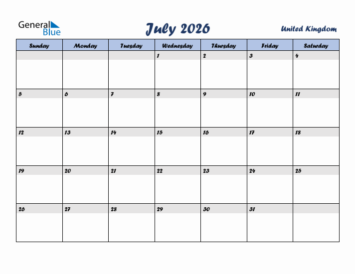 July 2026 Calendar with Holidays in United Kingdom