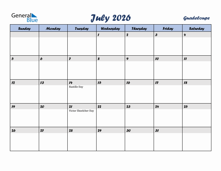 July 2026 Calendar with Holidays in Guadeloupe