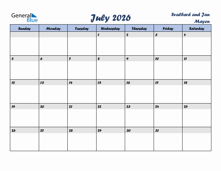 July 2026 Calendar with Holidays in Svalbard and Jan Mayen