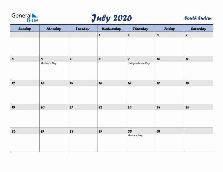 July 2026 Calendar with Holidays in South Sudan