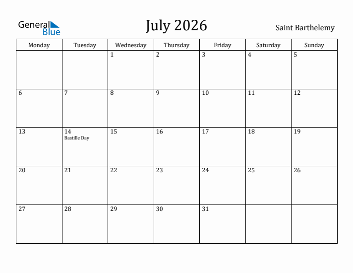 July 2026 Calendar Saint Barthelemy