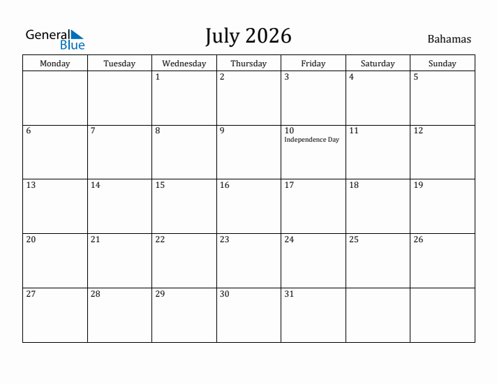 July 2026 Calendar Bahamas