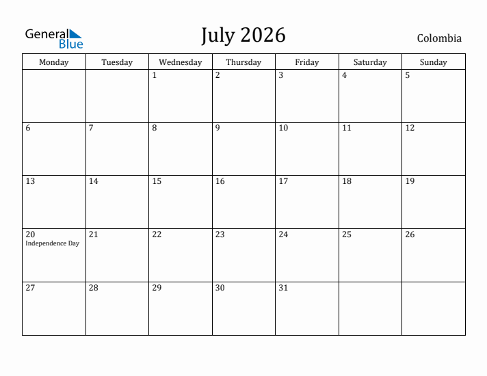 July 2026 Calendar Colombia