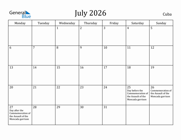 July 2026 Calendar Cuba