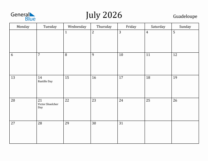 July 2026 Calendar Guadeloupe