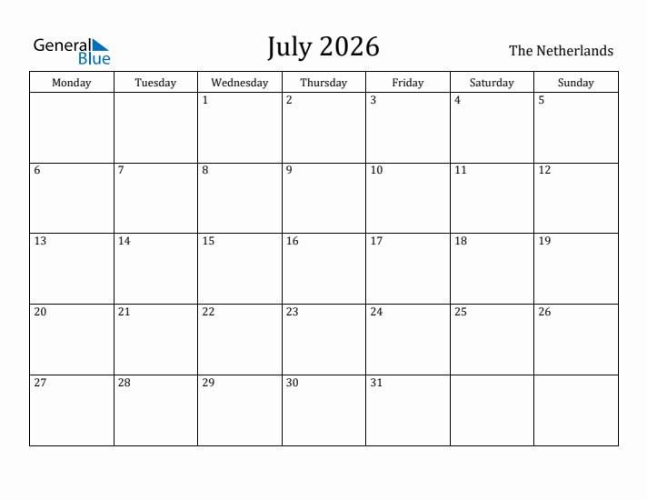 July 2026 Calendar The Netherlands