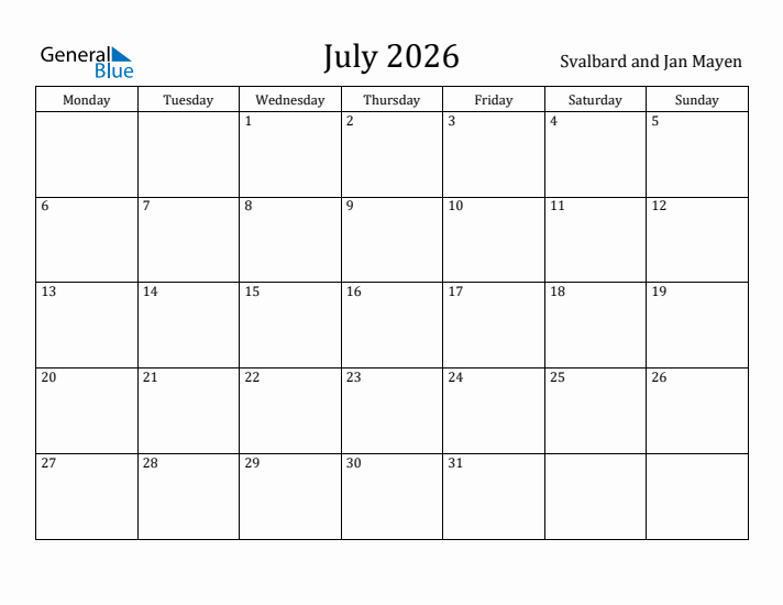 July 2026 Calendar Svalbard and Jan Mayen