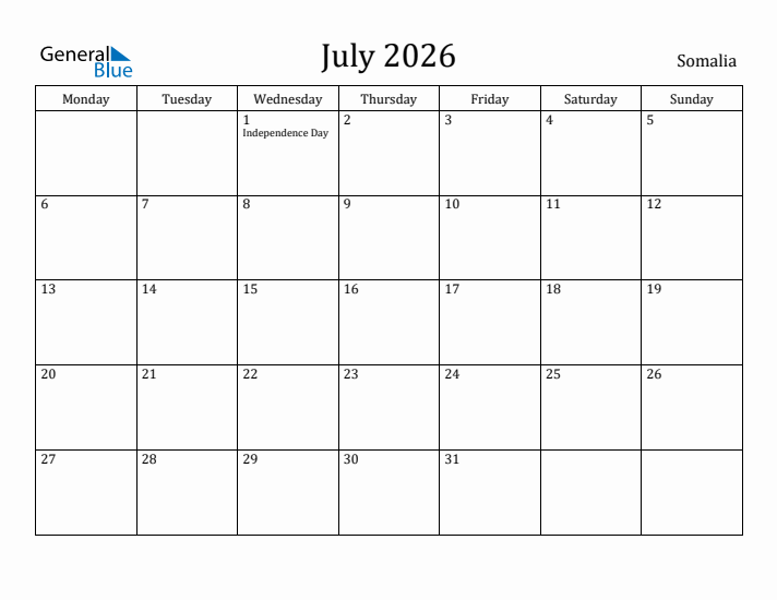 July 2026 Calendar Somalia