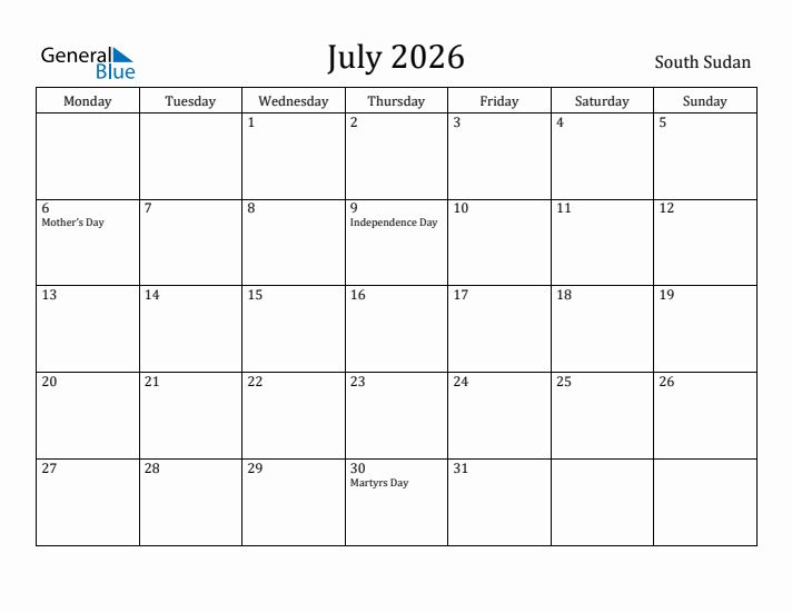 July 2026 Calendar South Sudan