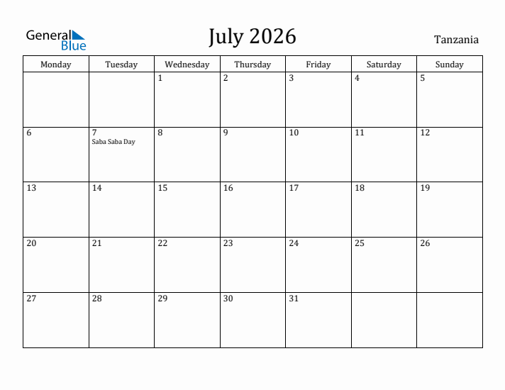 July 2026 Calendar Tanzania