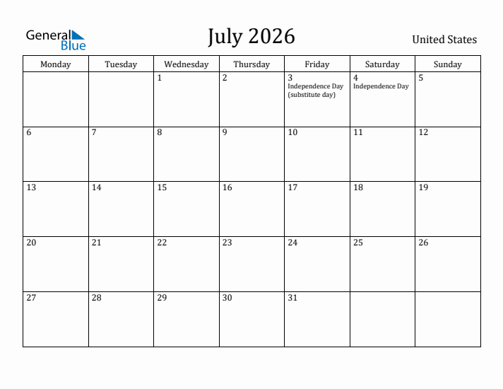 July 2026 Calendar United States